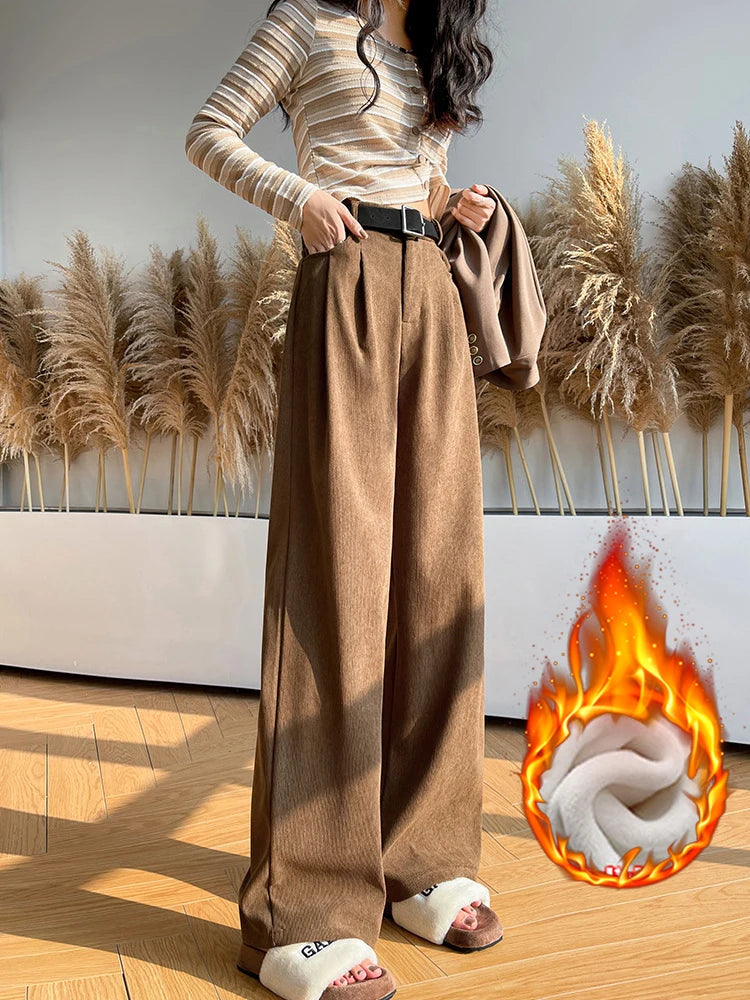 LVSANW Elegant Wide Leg Pants for Women 2024 Autumn New Maillard Full Length Trousers Winter Women's Baggy Pants with Velvet Sweatpants