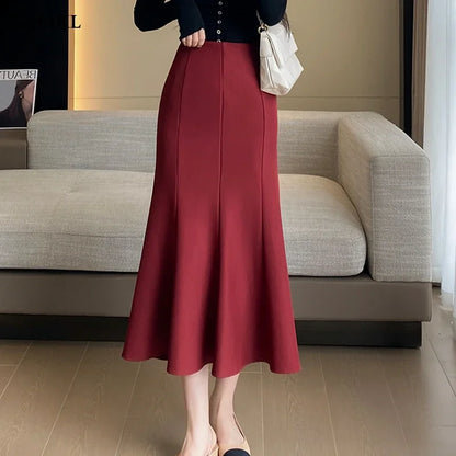 LVSANW Elegant Women Black Suit Skirts 2025 Winter Fashion High Waist Faldas Largas Autumn Korean Style Office Mid Length Skirt Red