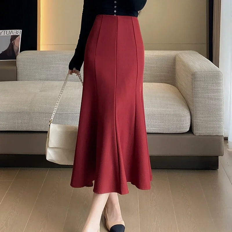 LVSANW Elegant Women Black Suit Skirts 2025 Winter Fashion High Waist Faldas Largas Autumn Korean Style Office Mid Length Skirt Red