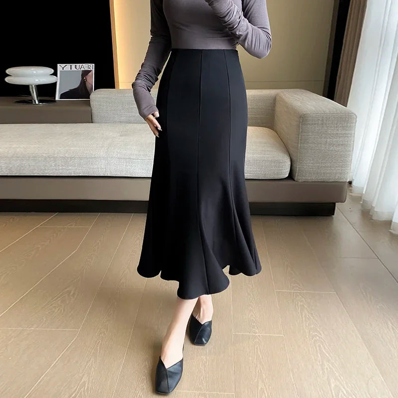 LVSANW Elegant Women Black Suit Skirts 2025 Winter Fashion High Waist Faldas Largas Autumn Korean Style Office Mid Length Skirt Red