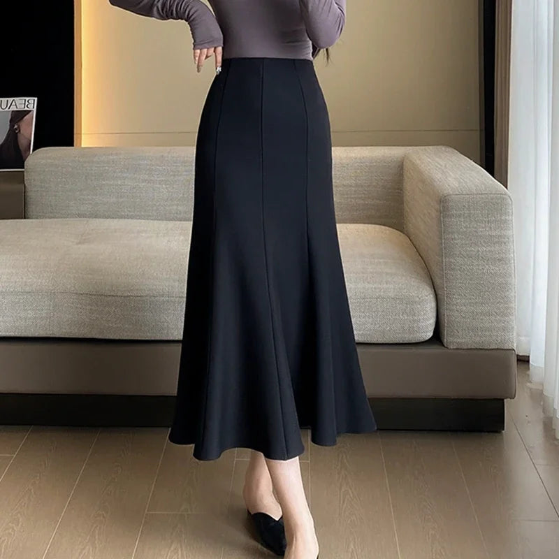 LVSANW Elegant Women Black Suit Skirts 2025 Winter Fashion High Waist Faldas Largas Autumn Korean Style Office Mid Length Skirt Red