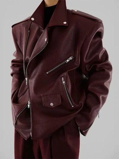 LVSANW Elegant Women Burgundy Leather Jacket Fashion Lapel Double Zipper Long Sleeves Coats Autumn Chic Lady Commuting Street Outwears