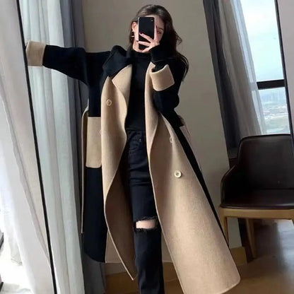 LVSANW Elegant Women Color Blocking Overcoat Turn-down Collar Double-breasted with Belt Loose Coat Thermal Commuting Fall Winter Coat