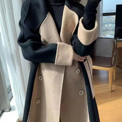 LVSANW Elegant Women Color Blocking Overcoat Turn-down Collar Double-breasted with Belt Loose Coat Thermal Commuting Fall Winter Coat