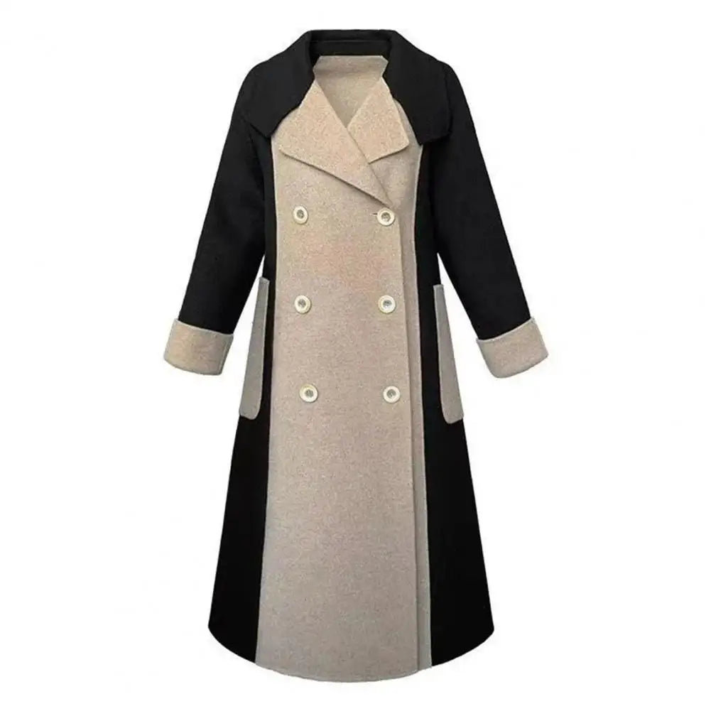 LVSANW Elegant Women Color Blocking Overcoat Turn-down Collar Double-breasted with Belt Loose Coat Thermal Commuting Fall Winter Coat