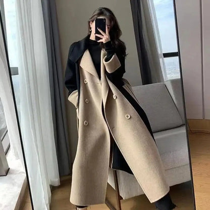 LVSANW Elegant Women Color Blocking Overcoat Turn-down Collar Double-breasted with Belt Loose Coat Thermal Commuting Fall Winter Coat