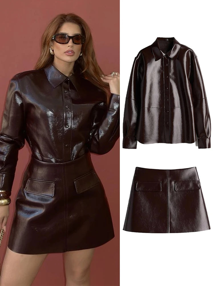 LVSANW Elegant Women Leather Jacket Skirt Suit Turn Down Collar Single Breasted Female Coat High Waist Mini Skirts Lady Two Piece Sets