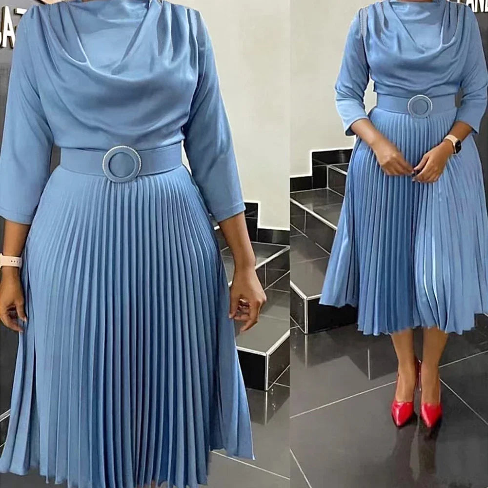 LVSANW Elegant Women O-neck Pleated A-line Dress 2024 Spring 3/4 Sleeve Party Dresses with Belt African Dresses Robe De Soiree