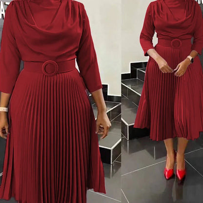 LVSANW Elegant Women O-neck Pleated A-line Dress 2024 Spring 3/4 Sleeve Party Dresses with Belt African Dresses Robe De Soiree