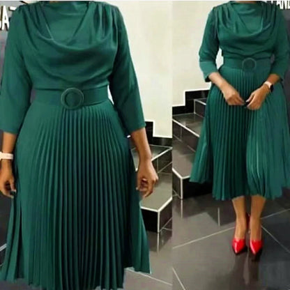 LVSANW Elegant Women O-neck Pleated A-line Dress 2024 Spring 3/4 Sleeve Party Dresses with Belt African Dresses Robe De Soiree