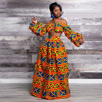 LVSANW Elegant Women Two Piece Set Dress Sexy Slash-neck Sleeveless Blouse Top +High Slit Skirt Vintage Africa National Print Lady Suit