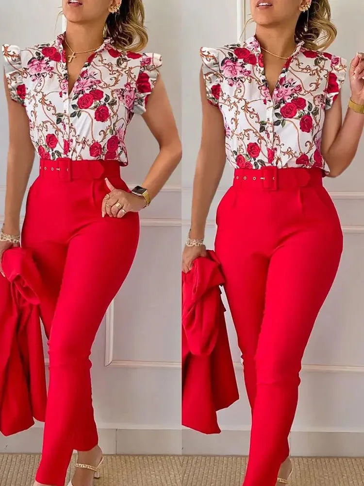 LVSANW Elegant Women Two Piece Set Suits New Fashion Printed Ruffle Sleeve Top Solid Color Pants Set With Belt  Blouses Female Clothing