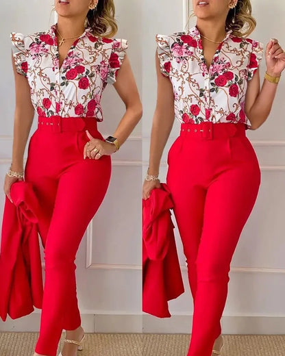 LVSANW Elegant Women Two Piece Set Suits New Fashion Printed Ruffle Sleeve Top Solid Color Pants Set With Belt  Blouses Female Clothing