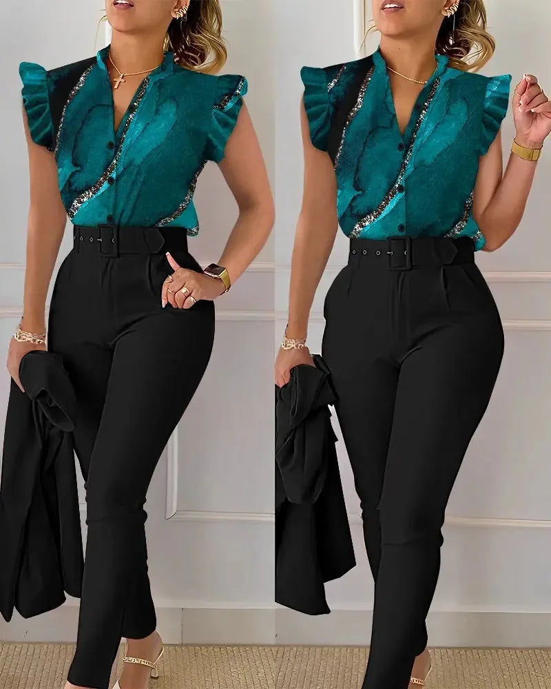 LVSANW Elegant Women Two Piece Set Suits New Fashion Printed Ruffle Sleeve Top Solid Color Pants Set With Belt  Blouses Female Clothing