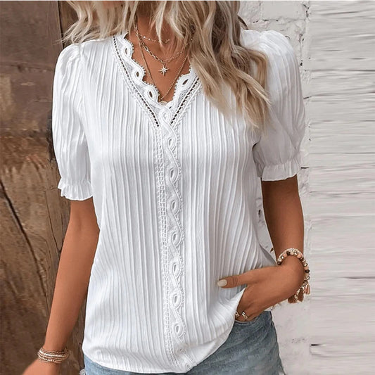 LVSANW Elegant Women's Summer Long Sleeved V-neck Lace Patchwork Shirt 2024 Women's Fashionable White Loose Fitting Office Casual Shirt