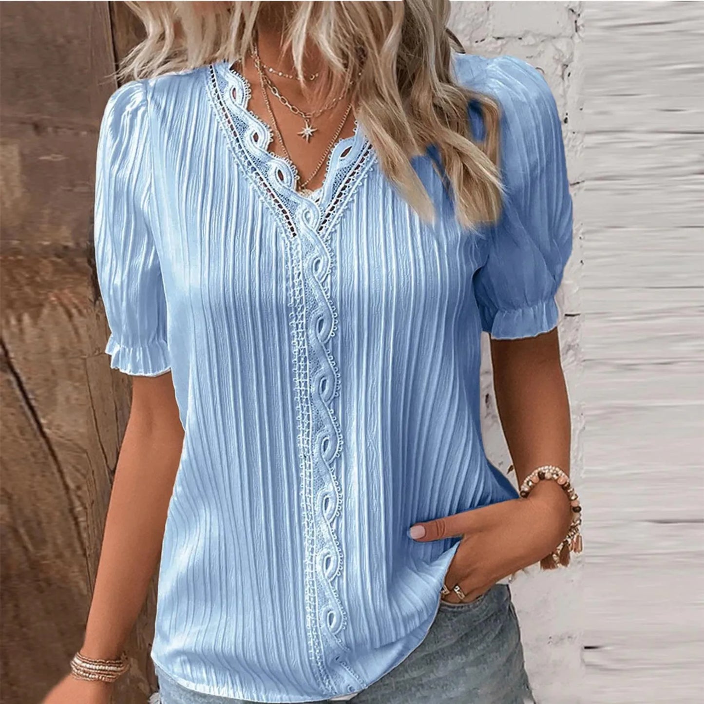 LVSANW Elegant Women's Summer Long Sleeved V-neck Lace Patchwork Shirt 2024 Women's Fashionable White Loose Fitting Office Casual Shirt