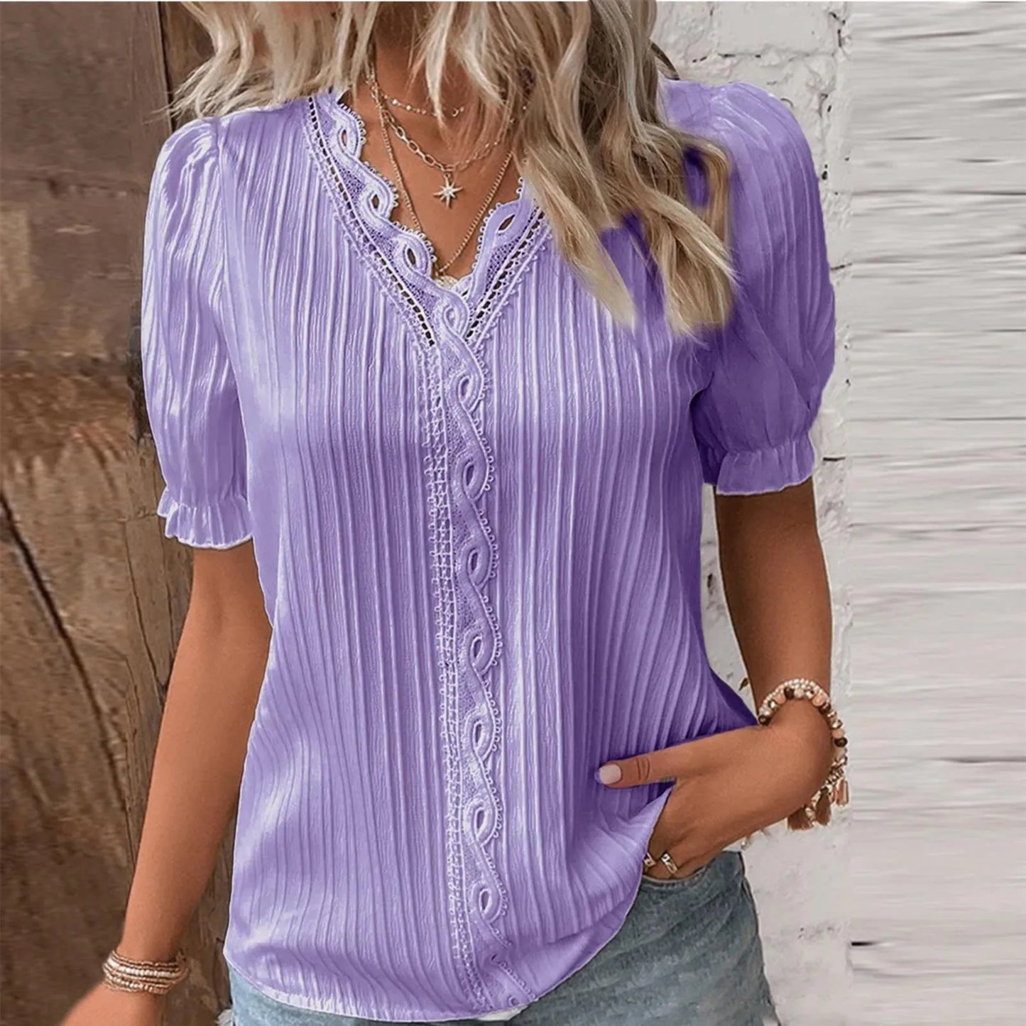 LVSANW Elegant Women's Summer Long Sleeved V-neck Lace Patchwork Shirt 2024 Women's Fashionable White Loose Fitting Office Casual Shirt