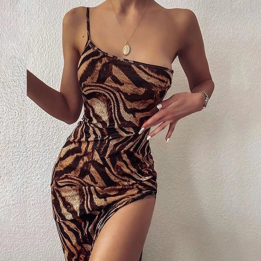 LVSANW Elegant Women’s Summer Suspender Dress Sexy Tiger Pattern One Shoulder Slim Fit Split Ladies Casual Long Maxi Dress 408