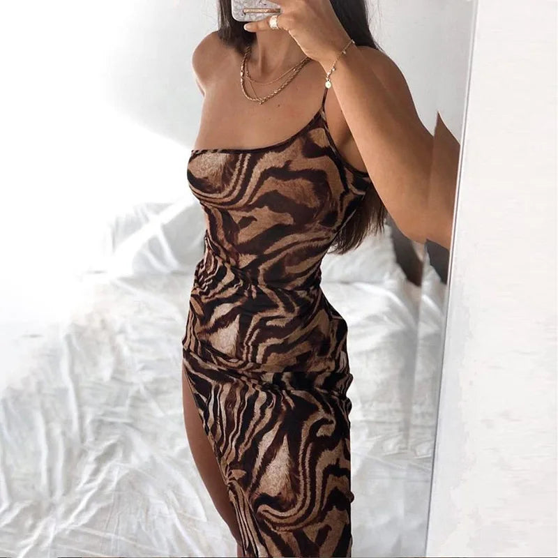 LVSANW Elegant Women’s Summer Suspender Dress Sexy Tiger Pattern One Shoulder Slim Fit Split Ladies Casual Long Maxi Dress 408