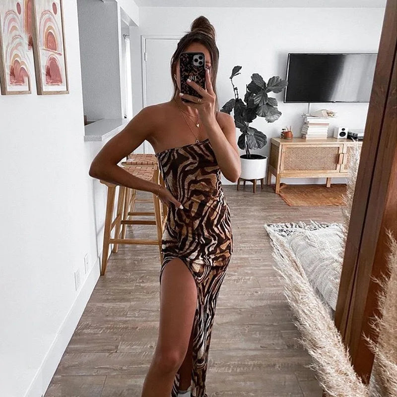 LVSANW Elegant Women’s Summer Suspender Dress Sexy Tiger Pattern One Shoulder Slim Fit Split Ladies Casual Long Maxi Dress 408