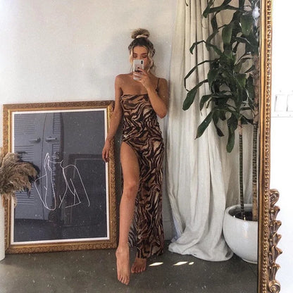 LVSANW Elegant Women’s Summer Suspender Dress Sexy Tiger Pattern One Shoulder Slim Fit Split Ladies Casual Long Maxi Dress 408