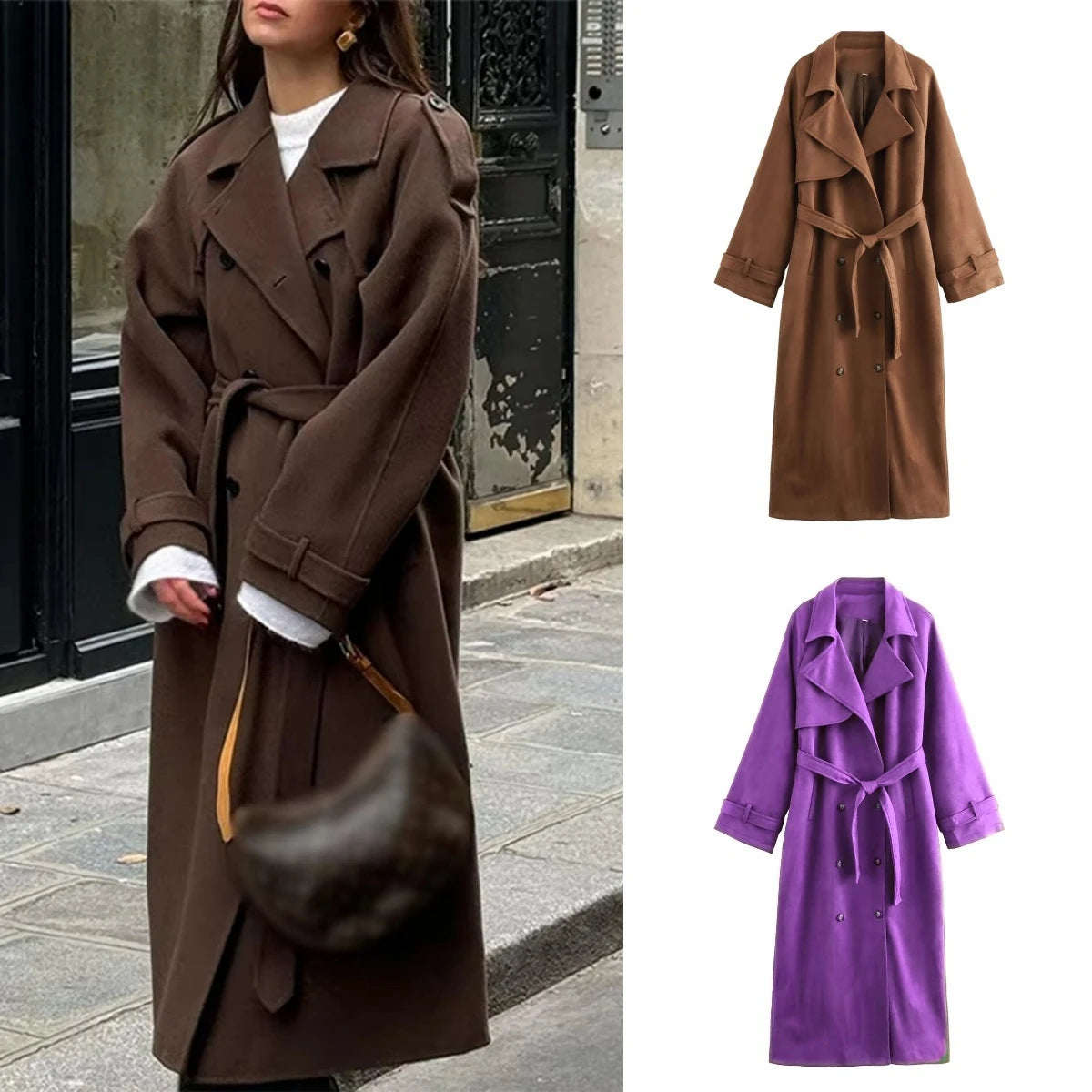 LVSANW Elegant Women's Woolen Overcoat With Belt Street Lapel Double Breasted Full Sleeve Long Coat 2024 Autumn Lady Loose Outwear New