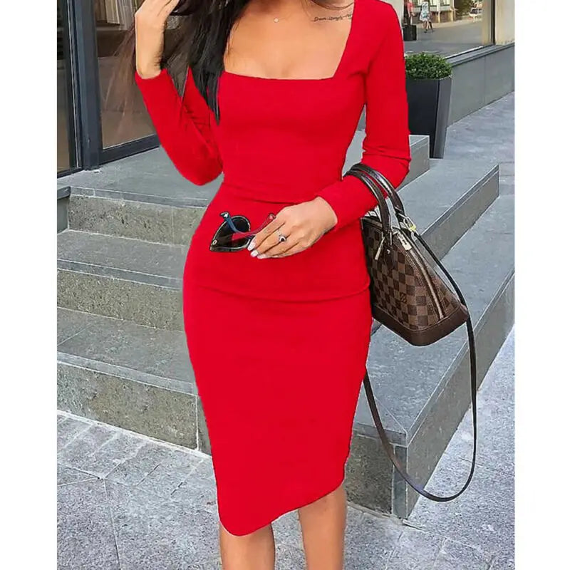 LVSANW Elegant Womens Cold Shoulder Sexy Chic Red Cocktail Party Slim Fit Dresses Square Collar Long Sleeve Design Bodycon Midi Dress