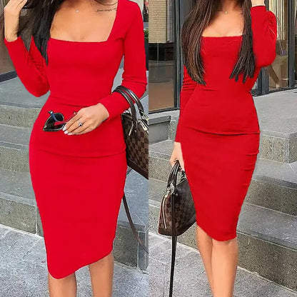 LVSANW Elegant Womens Cold Shoulder Sexy Chic Red Cocktail Party Slim Fit Dresses Square Collar Long Sleeve Design Bodycon Midi Dress