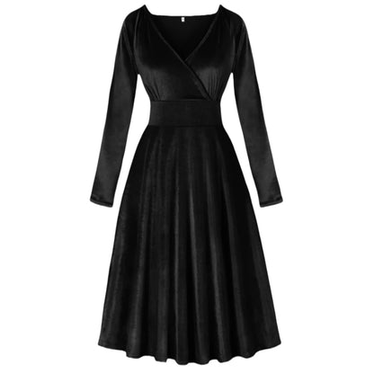 LVSANW Elegant party solid color black velvet temperament V-neck cinched waist slimming versatile long sleeved dress