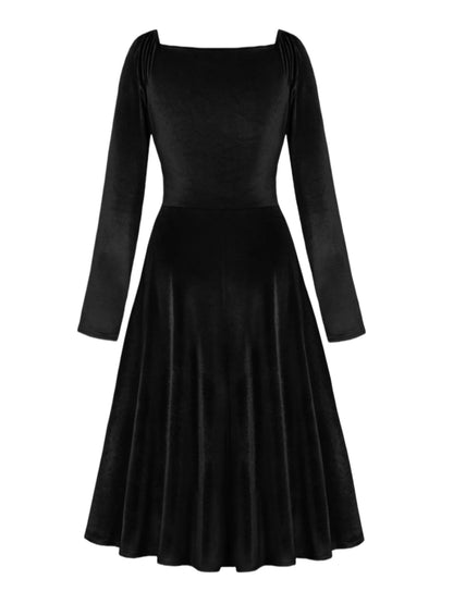 LVSANW Elegant party solid color black velvet temperament V-neck cinched waist slimming versatile long sleeved dress