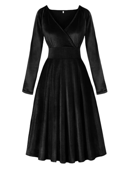 LVSANW Elegant party solid color black velvet temperament V-neck cinched waist slimming versatile long sleeved dress