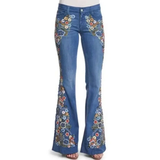 LVSANW Embroidered Slim Fit Flared Pants European and American Women's Jeans Fashionable and Trendy Embroidered Pants