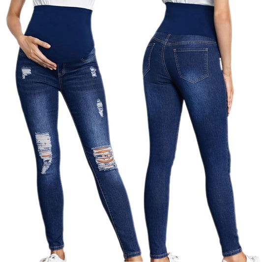 LVSANW European And American Pregnant Women's Clothing Women's High Waisted Waist Support Denim Leggings Elastic Perforated Jeans