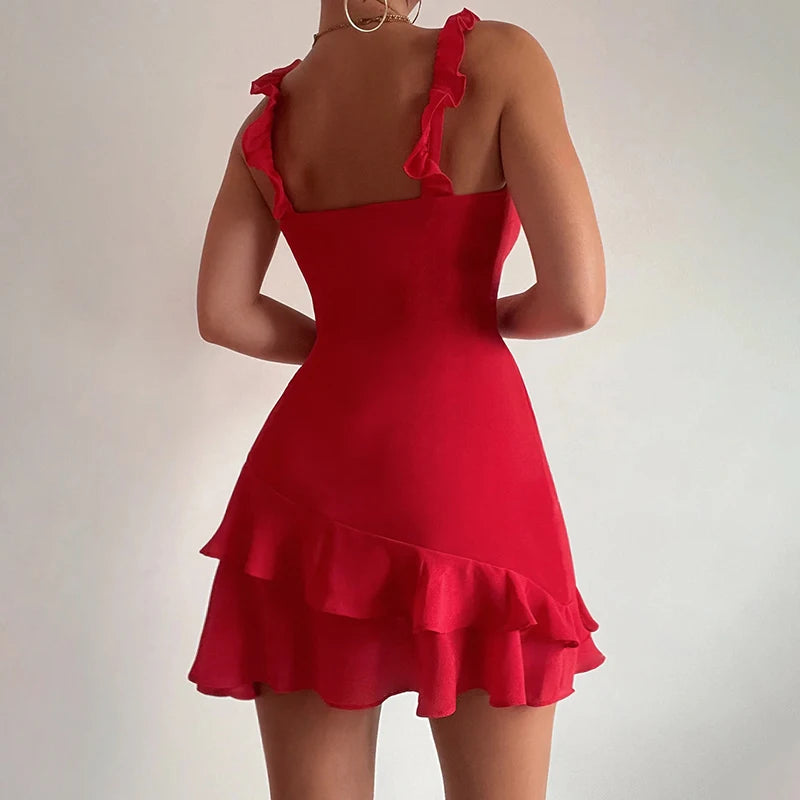 LVSANW European And American Ruffled Spicy Girl Mini Dress 2024 Summer New Slim Fit Suspender Short Skirt For Women  YJ24191DGO