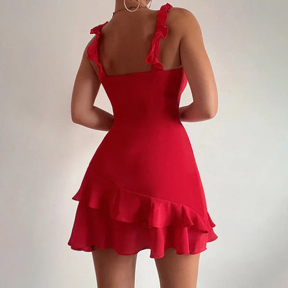 LVSANW European And American Ruffled Spicy Girl Mini Dress 2024 Summer New Slim Fit Suspender Short Skirt For Women  YJ24191DGO