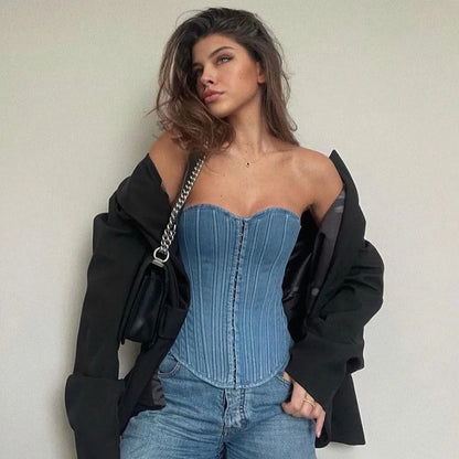 LVSANW European And American Style Chest Cup Denim Top New Spicy Girl Strapless Waist Revealing Chest Vest