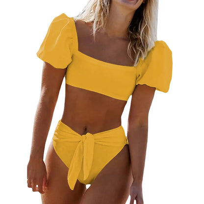 LVSANW European and American Bikini Two-Piece Set Solid Color Women Beach Split Swimsuit Bikini Swimwear Female Puff Sleeve