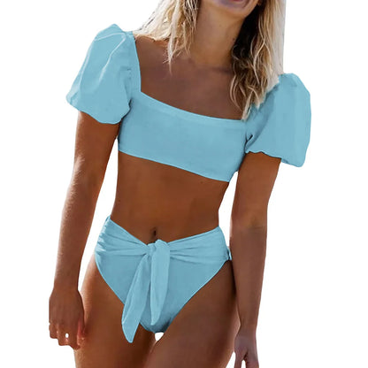 LVSANW European and American Bikini Two-Piece Set Solid Color Women Beach Split Swimsuit Bikini Swimwear Female Puff Sleeve