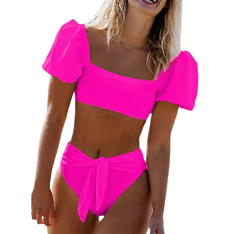 LVSANW European and American Bikini Two-Piece Set Solid Color Women Beach Split Swimsuit Bikini Swimwear Female Puff Sleeve