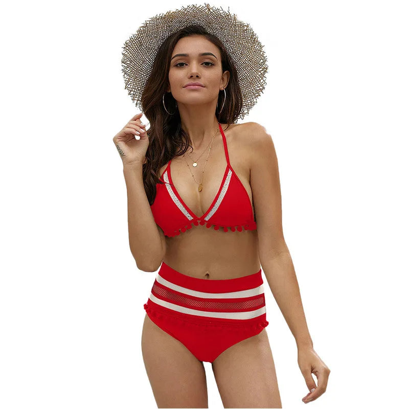 LVSANW European and American New Beach Bikini Bikini Swimsuit Female Tassel Swimwear High Waist Split Swimsuit