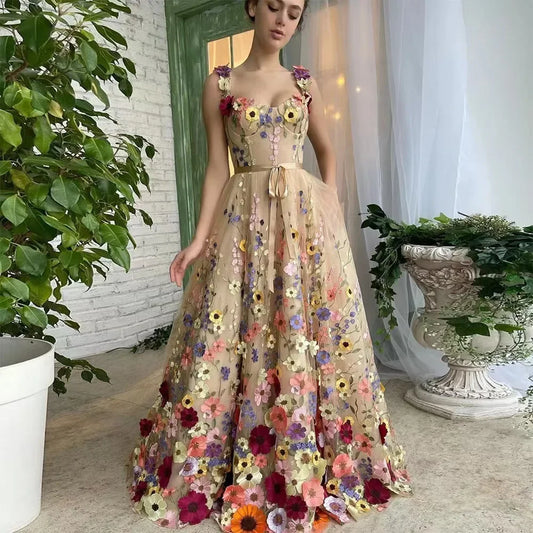 LVSANW European and American New Women's Three-dimensional Flower Fashion Embroidery Flower Temperament Sweet Hip-wrapped Sexy Dress