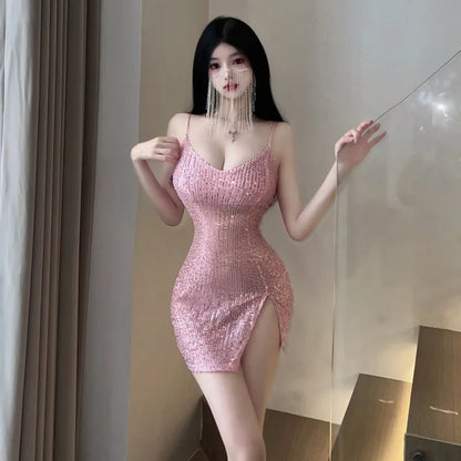 LVSANW European and American Sexy Hot Girl Single Layer See-through Sequin Sling Dress Female