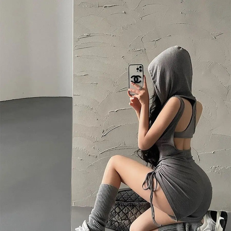 LVSANW European and American Spicy Girls Hooded Drawstring Slim Fit Sleeveless Open Back Drawstring Folded jumpsuit shorts