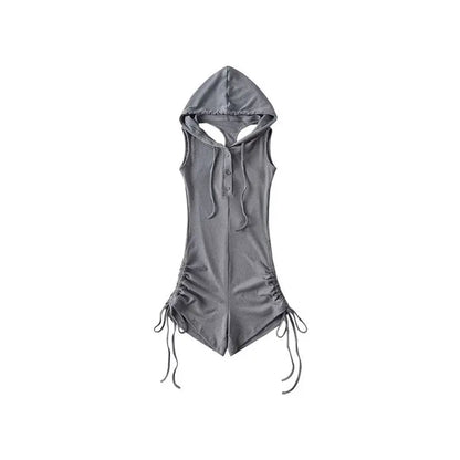 LVSANW European and American Spicy Girls Hooded Drawstring Slim Fit Sleeveless Open Back Drawstring Folded jumpsuit shorts