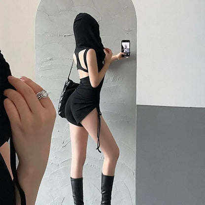 LVSANW European and American Spicy Girls Hooded Drawstring Slim Fit Sleeveless Open Back Drawstring Folded jumpsuit shorts