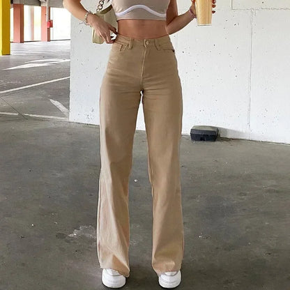 LVSANW European and American Style High-waisted Straight Pants Solid Color Jeans for Women Loose and Slim  for Women Casual Trousers