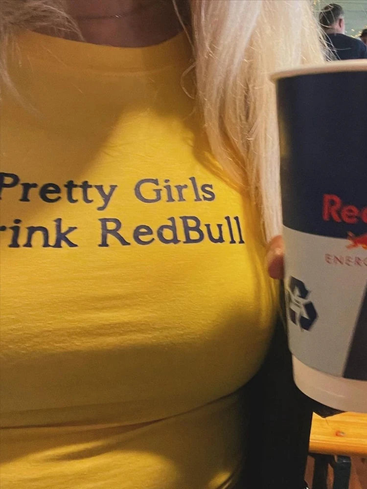 LVSANW European and American girls drinking Red Bull trendy letter print Y2K pure desire spicy girl ultra short top women's T-shirt