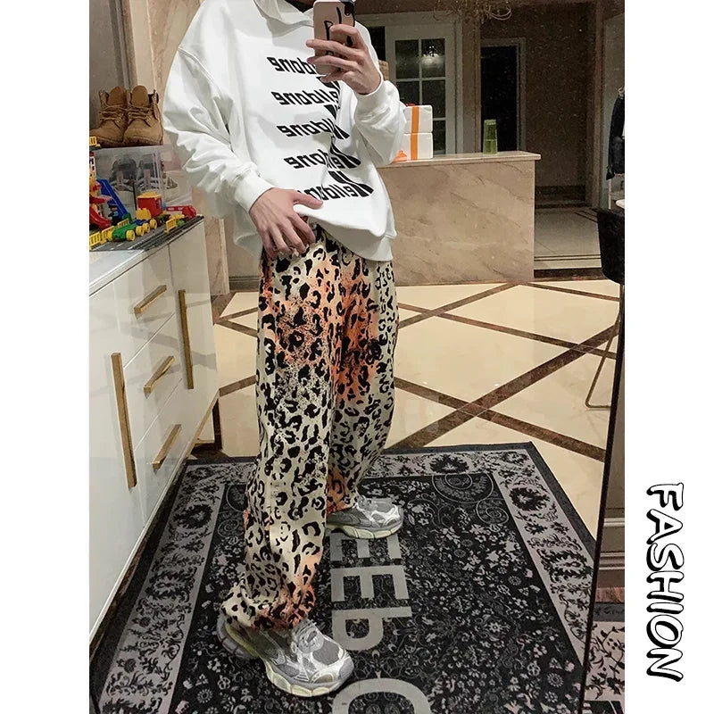 LVSANW European and American retro leopard print high street straight leg jeans for men and women loose fitting trend casual pants y2k