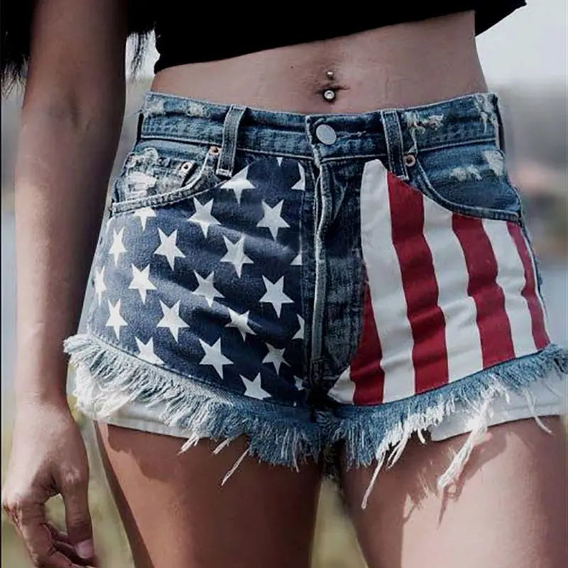 LVSANW European and American short jeans Y2K retro summer American flag tassel star print denim shorts for women