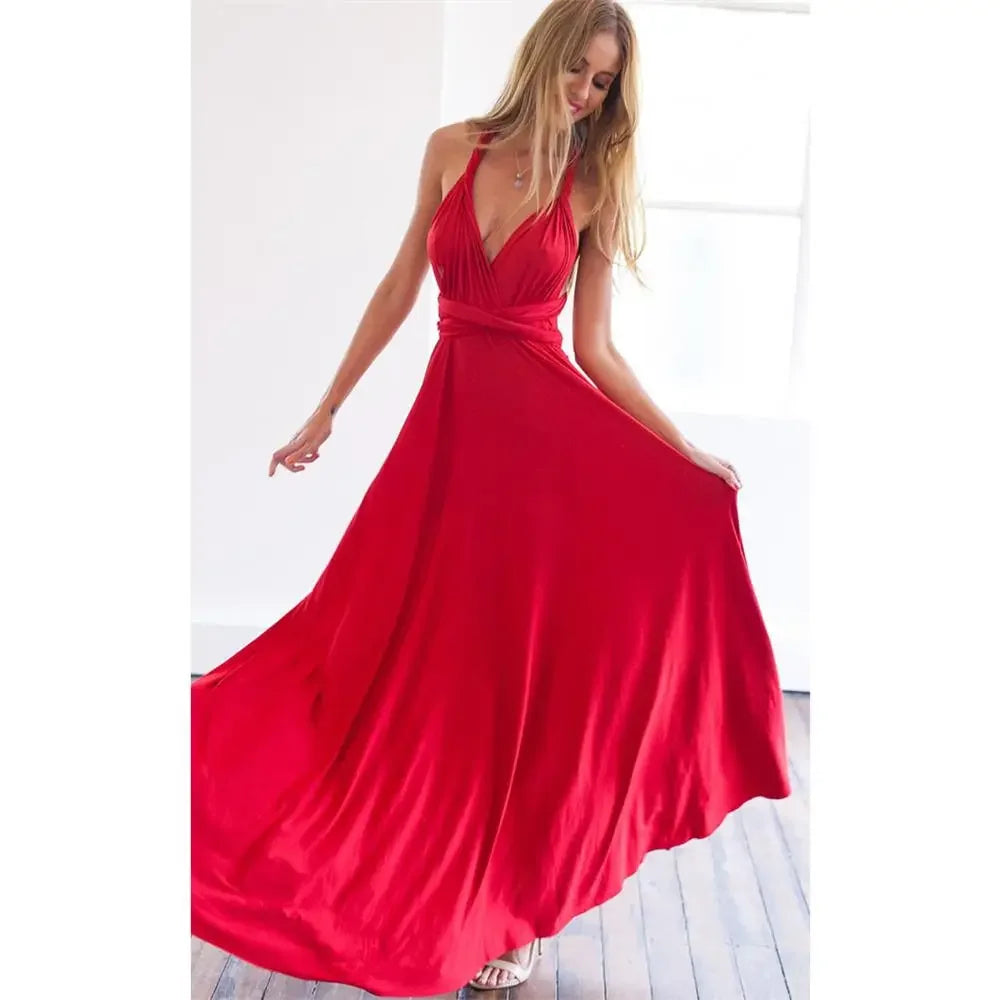 LVSANW European and American solid color various ways of wearing strappy red dress long skirt bridesmaid dress